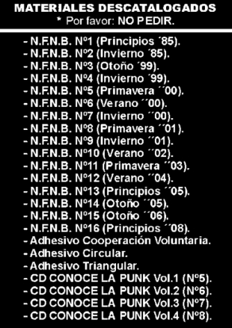 Productos descatalogados del Punkzine N.F.N.B.